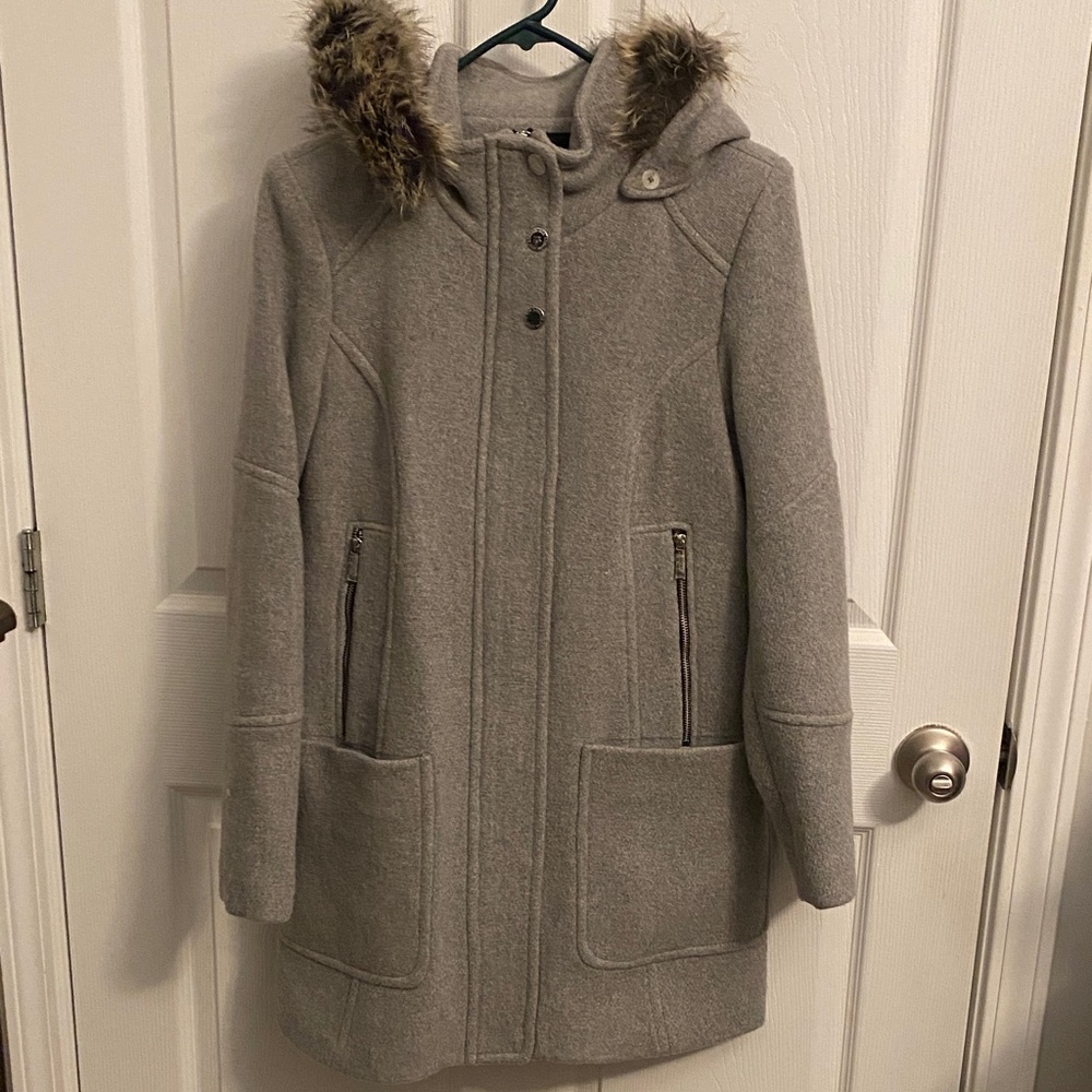London Fog Women's Hooded Wool-Blend Coat with Faux Fur Trim - Gray size small